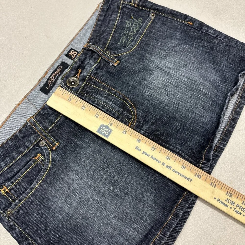 Vintage Ed Hardy Denim Mini Skirt Womens 28 Dark Blue Spell Out Rhinestones‎
